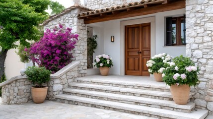 Fototapeta premium Stone house entrance with bougainvillea and hydrangeas