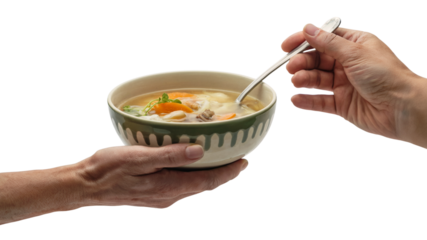 Warm soup being served in a bowl with spoon. Isolated on transparent background, png