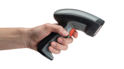 Hand holding a barcode scanner, ready for action. Isolated on transparent background, png