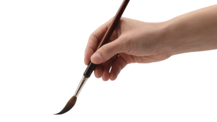  hand holding paintbrush, ready for artistry. Isolated on transparent background, png