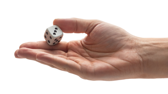Hand holding a dice ready to roll. Isolated on transparent background, png