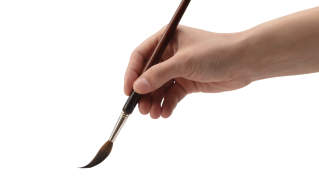  hand holding paintbrush, ready for artistry. Isolated on transparent background, png
