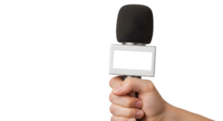 Hand holds microphone with blank label against a black backdrop, perfect for interview staging, news broadcasting, and media presentation template.