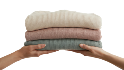 Freshly folded soft clothes held by hands. Isolated on transparent background, png
