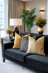Fototapeta premium Living room with black velvet sofa and gold pillows