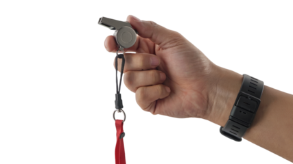 hand holding a whistle with a red lanyard. Isolated on transparent background, png
