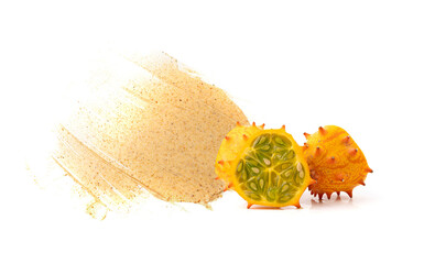 Yellow body scrub texture smear isolated. Creamy face cosmetic swatch