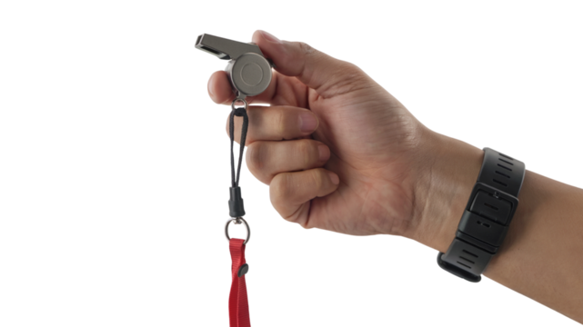 hand holding a whistle with a red lanyard. Isolated on transparent background, png