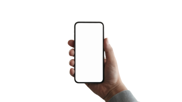 Hand holding a sleek modern smartphone with a blank screen. Isolated on transparent background, png