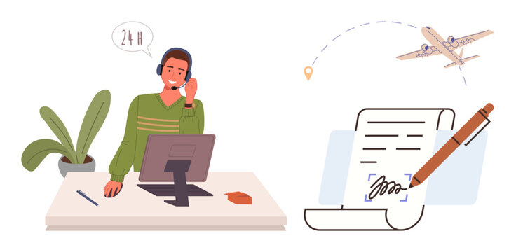 Person in headset at desk assisting remotely, airplane in flight path, and signed contract. Ideal for travel, customer support, logistics, corporate communication, partnerships, remote services