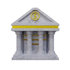 3D render of marble bank building with golden accents and dollar symbol, representing finance, economy, investment, wealth, banking institution, and financial security isolated on white background