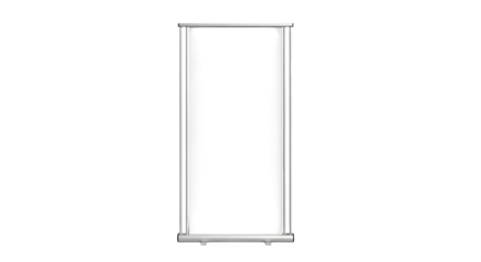 White roll-up banner stand has a modern, blank surface. Perfect for trade show displays, advertising, and branding mockups.