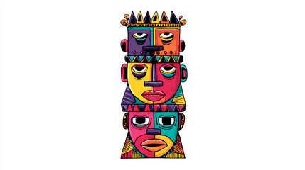 Colorful African Tribal Mask Totem Pole with Geometric Patterns and Vibrant Colors Concept of Culture, Heritage, and Traditional Art