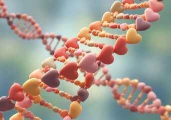 A colorful 3d illustration of a dna double helix with heart shapes representing love and genetic connection