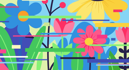 Obraz premium Colorful Floral Illustration with Abstract Glitch Effects and Vibrant Flowers.