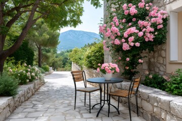 Romantic garden patio with blooming climbing roses