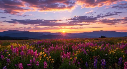 Obraz premium mountain meadow of colorful wildflowers illuminated by a vibrant, radiant sunset sky.