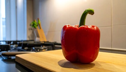 Red bell pepper on a wooden cutting board in a kitchen
