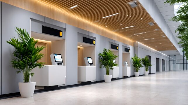 Modern airport self-service check-in kiosks with digital screens