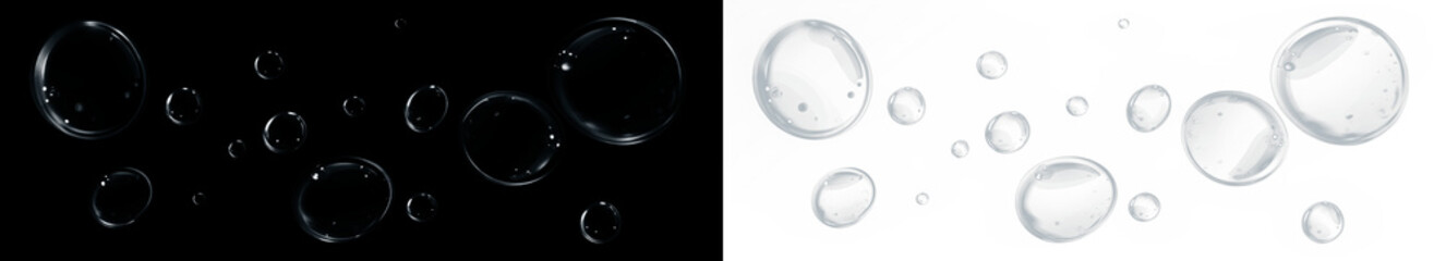 Transparent water droplets overlay on contrasting black and white backgrounds, creating a visually...