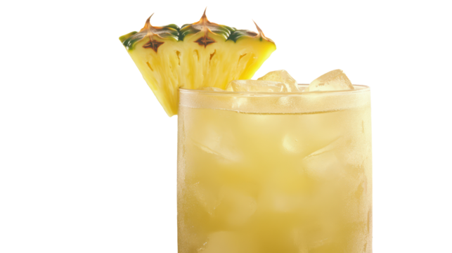 Tropical cocktail with pineapple garnish at the beach, highlighting the vibrant colors and beachside relaxation in a chilled glass.