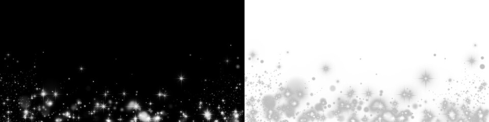 Black and white PNG overlay featuring sparkling stars and soft bokeh effects, creating a magical...
