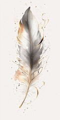 A feather with golden edges, a few feathers floating in the air