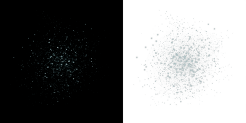 Abstract png overlay featuring a dynamic burst of shimmering particles on contrasting black and white backgrounds, ideal for creative design projects and visual storytelling