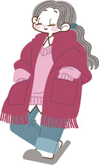 赤いストールを肩からかけているリラックスした女の子のイラスト