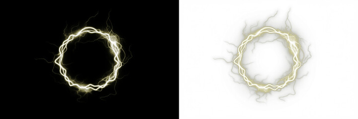 Circular electric energy overlay with glowing light effects on black and white backgrounds, ideal for creative design projects and visual storytelling applications