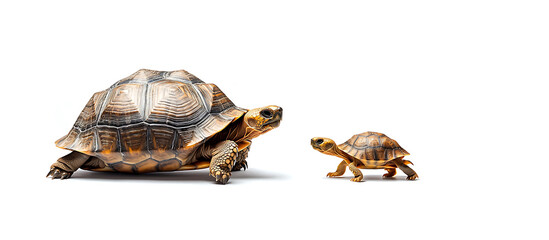 Obraz premium Close up photograph of large tortoise and small turtle, showcasing their unique textures and colors against white background. image captures