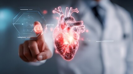 Futuristic medical concept. healthcare professional interacting with a digital hologram of a human heart. The wireframe heart is illuminated with blue and red highlights, surrounded by data charts