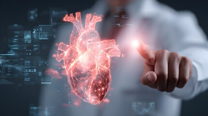Futuristic medical concept. healthcare professional interacting with a digital hologram of a human heart. The wireframe heart is illuminated with blue and red highlights, surrounded by data charts