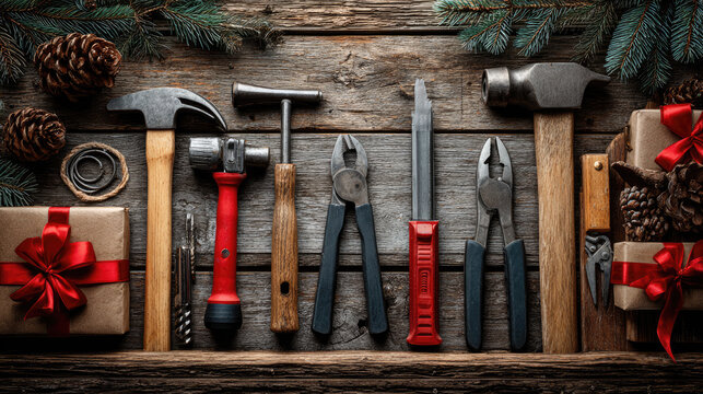 Carpentry tools and festive decorations scattered on rustic wooden surface, highlighting holiday project preparation for DIY enthusiast