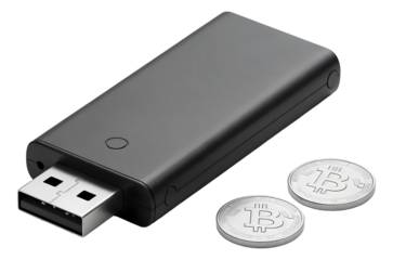 Flash drive with crypto key and bitcoin coins, isolated on transparent background, png