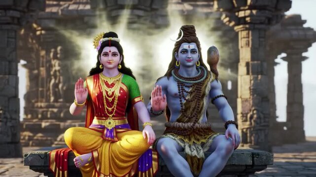 Divine Hindu God Lord Shiva and Goddess Parvati Sitting Together.