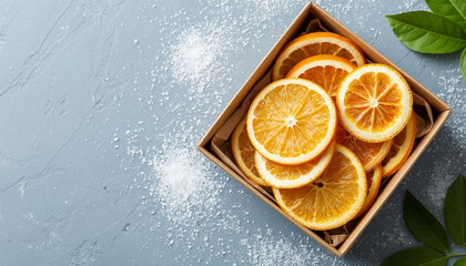 Dehydrated orange circles in present box on grey backdrop.