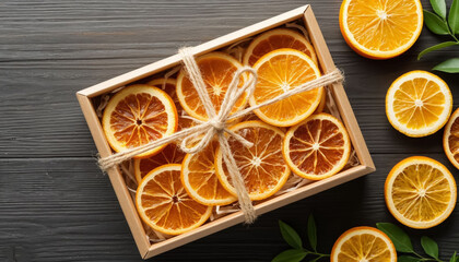 Dried orange slices in gift box tied with ribbon, tasty treat.