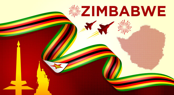 Zimbabwe Independence Day Banner with Flag Ribbon and Landmarks - Powered by Adobe