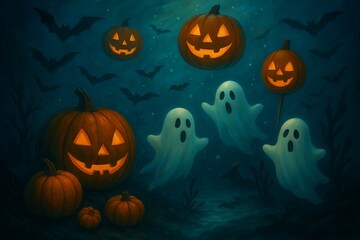 Naklejka premium Spooky halloween scene with glowing jack o lanterns and playful ghosts