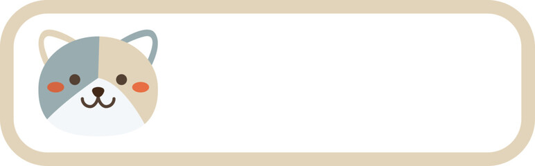 Cute cat character with blank grey banner frame, kawaii kitten vector illustration for school name tag or message board