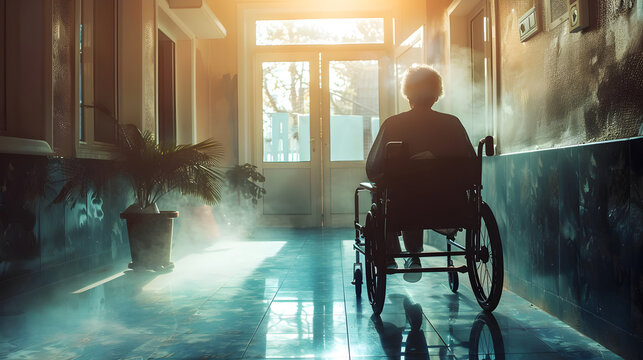 Rear view of elderly woman in wheelchair in empty hospital corridor. Lonely senior woman in nursing home moving around in wheelchair