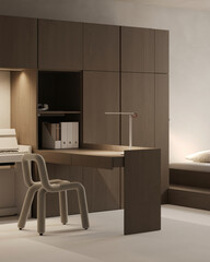 Stylish home office with built-in cabinetry, desk, and chair in a warm neutral palette. Modern and functional workspace design.