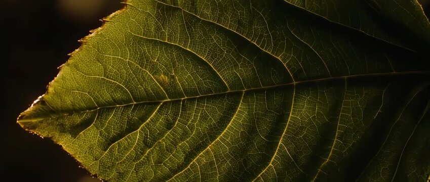 A cinematic macro journey across the glowing, intricate vein structure of a backlit leaf. An abstract background representing life, energy, and networks