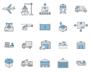 Logistics and Delivery Service Icon Set Outline Style Transportation, Shipping, Warehouse, , operation, plane. Vector artwork . Container vector icon set Cargo Vector Collection