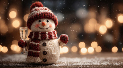 A cheerful snowman wearing a red hat and scarf stands amidst a snowy landscape, accompanied by decorative items, radiating festive holiday spirit and joy