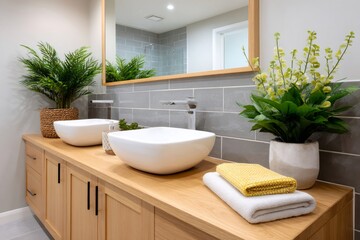 Modern bathroom vanity featuring double sinks and wood cabinetry