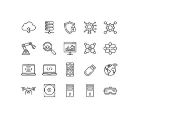 Set of thin linear technology icons for data, network, cybersecurity, AI, programming, analytics, devices, drone, computer hardware, and virtual reality concepts