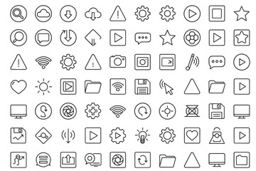 Set of Simple Computer and Technology Icons in Various Shapes, Outline Style Vector Collection of Multimedia, Communication, Settings, Download, Play, WiFi, Camera, and User Interface Symbols