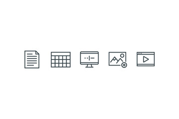 Vector set of six simple icons representing different file types and media formats. Document, spreadsheet, code, photo, and video file symbols. Minimalist line style for digital design.